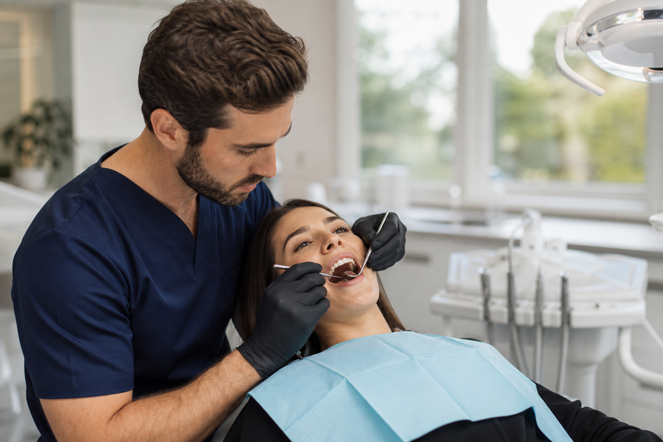 Dentista realizando consulta odontológica com paciente na cadeira
